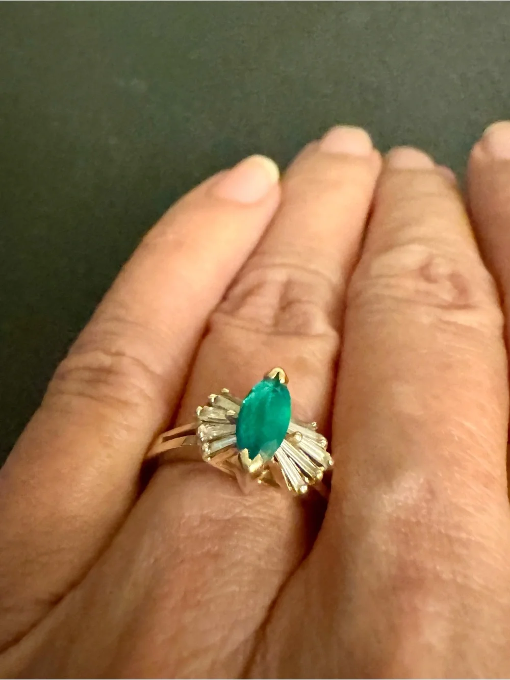 14kt Gold Emerald Ring with Baguette Side Diamonds